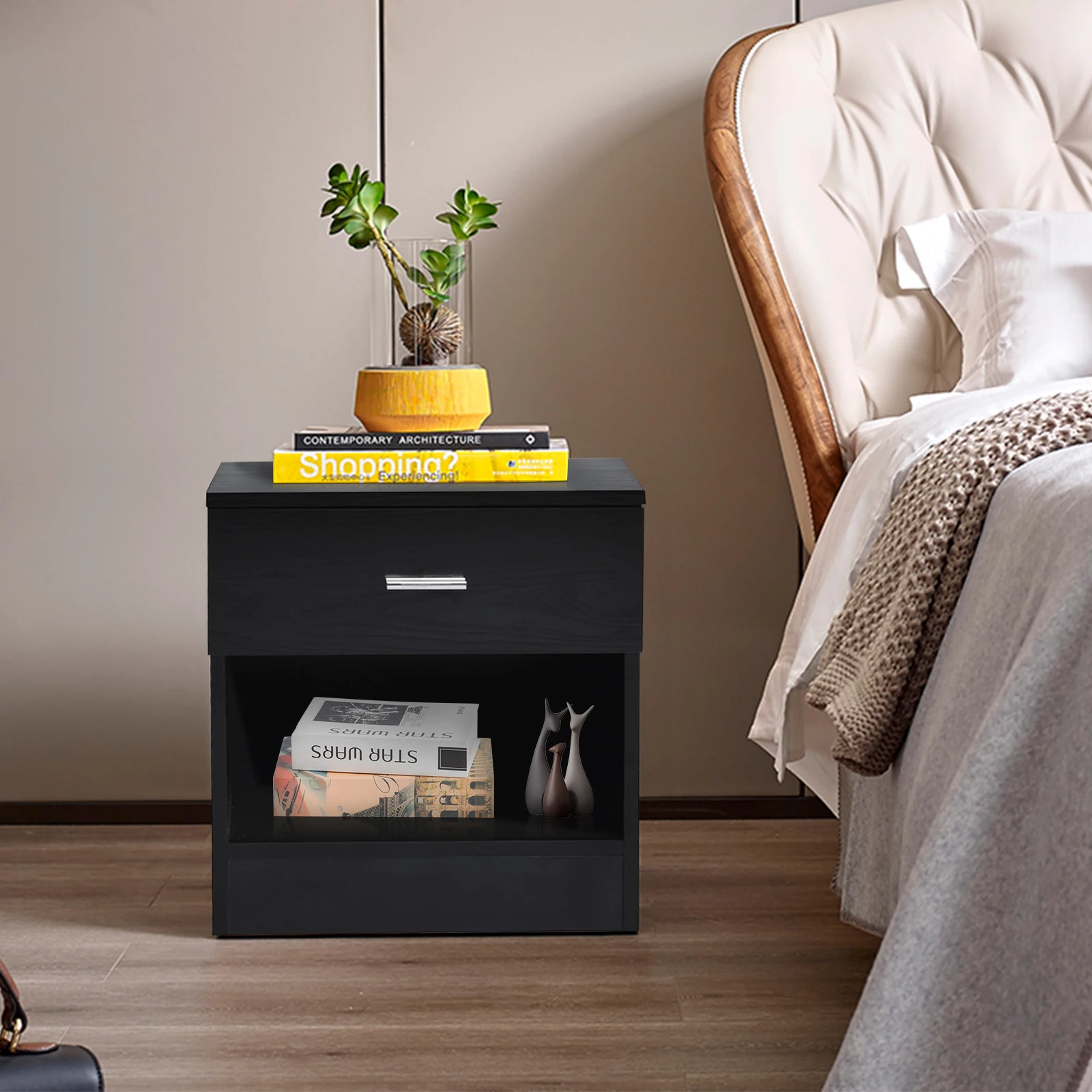 

15.7” Black Nightstand - 1-Drawer Storage, E1 Particle Board, Easy Assembly (18.5”H)