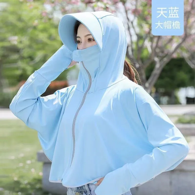 1pcs Summer Women Sunscreen Hoodie Female Solid Color Thin Ice Silk UV Protection Long-Sleeved Jackets Breathable Shirt Clothing