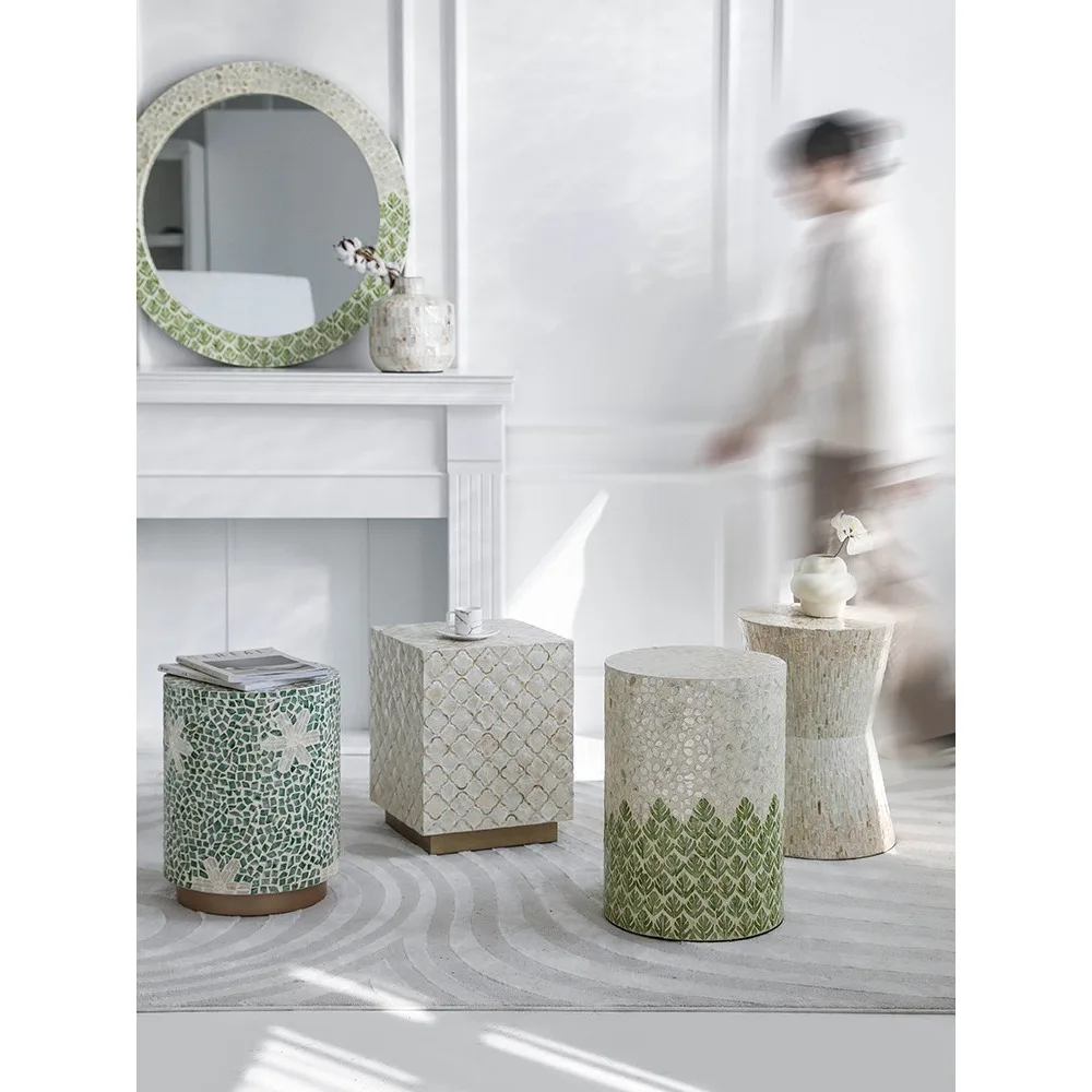 Handmade Shell Inlay Side Table, Nordic Minimalist Round End Table, French Luxury Sofa Corner Table for Living Room Balcony