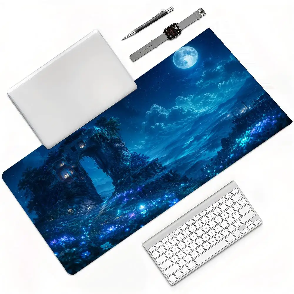 Watercolor Fantasy Cliff House Large Mouse Pad Flower Meadow Sky Cloud Landscape Art Desk Mat for Home Office Gaming Decor