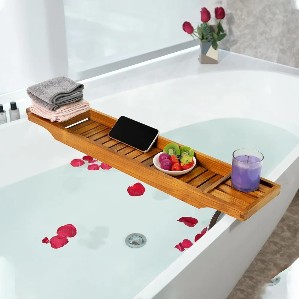 Paquete de bandeja para bañera de teca premium con soporte plegable, ranura para copa de vino y diseño antideslizante para una experiencia de baño de lujo