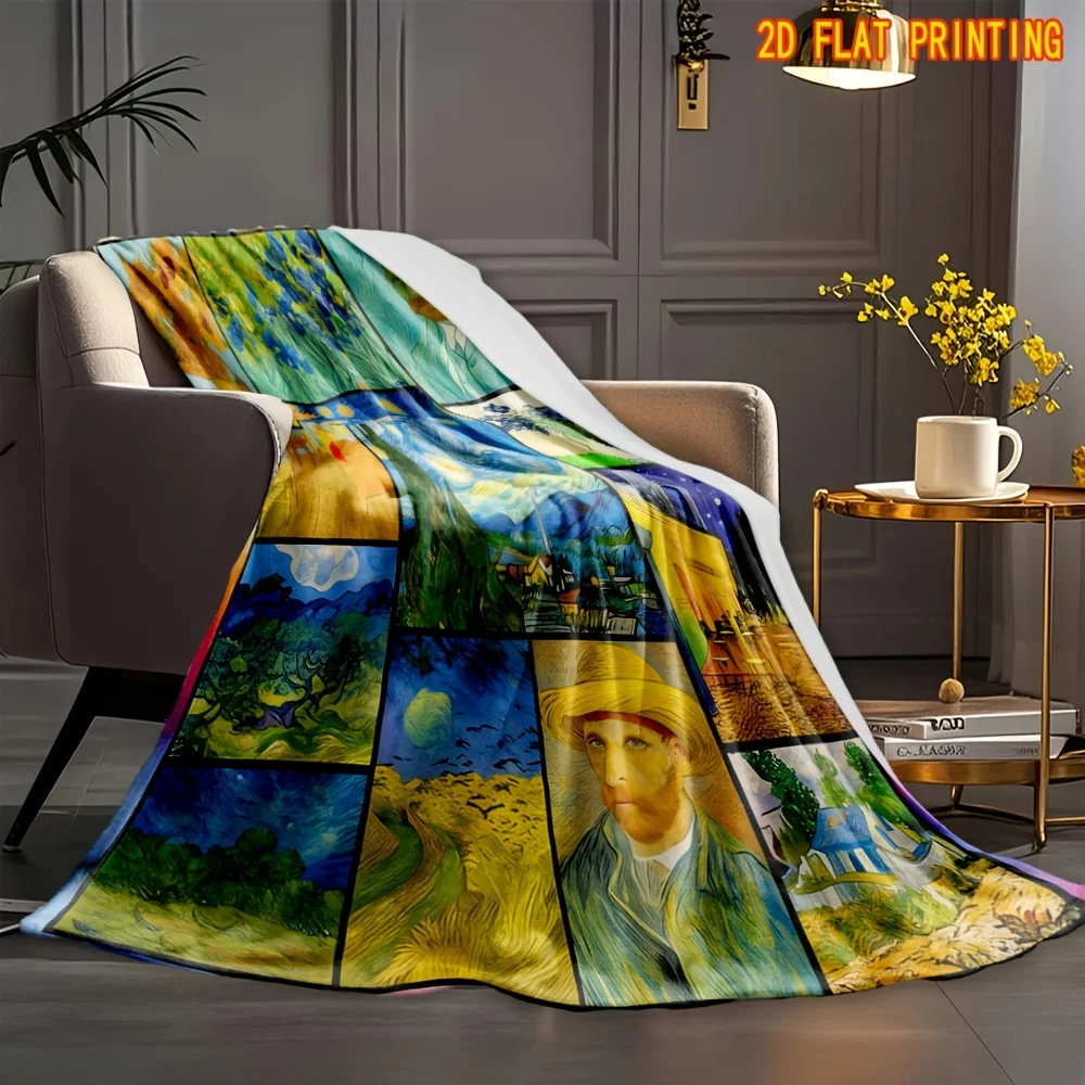 Art Painting Throw Blanket Van Gogh Classic Masterpiece Patchwork Print Soft Flannel for Living Room Couch Art Theme Decor Gift