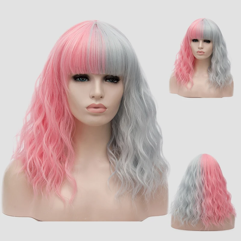 

Long Ombre Two Tone Pink And Grey Curly Cosplay Wig Synthetic With Bangs Bob Style For Women Party Daily Headgear