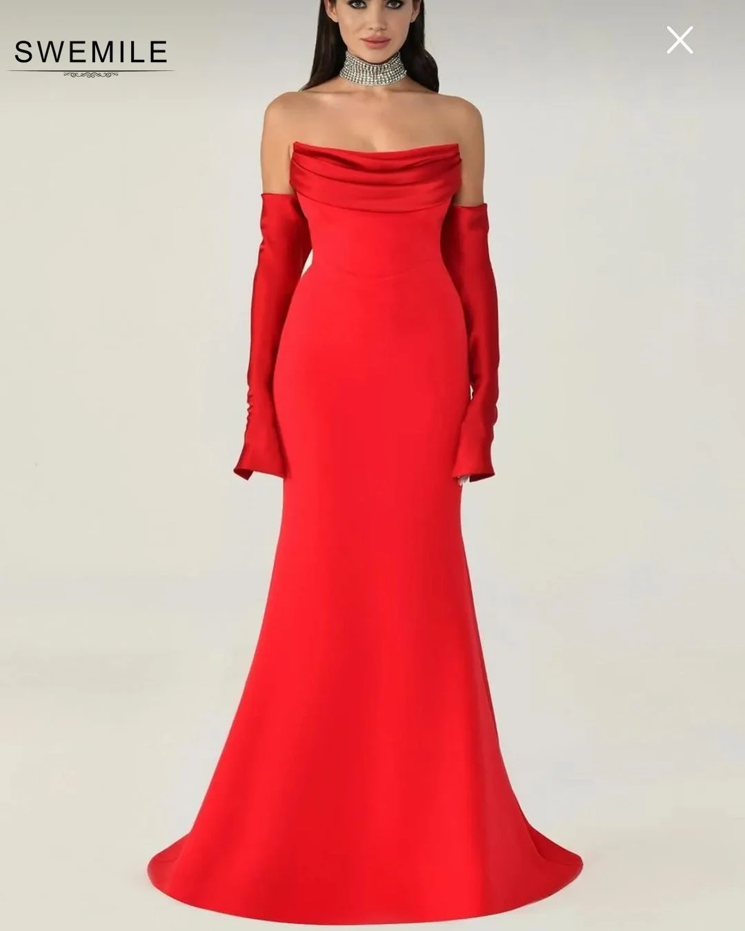 SWEMILE Red Mermaid Strapless Long Sleeves Evening Dress Floor-Length Wedding Party Dress Vestidos Para Eventos Especiales Dress