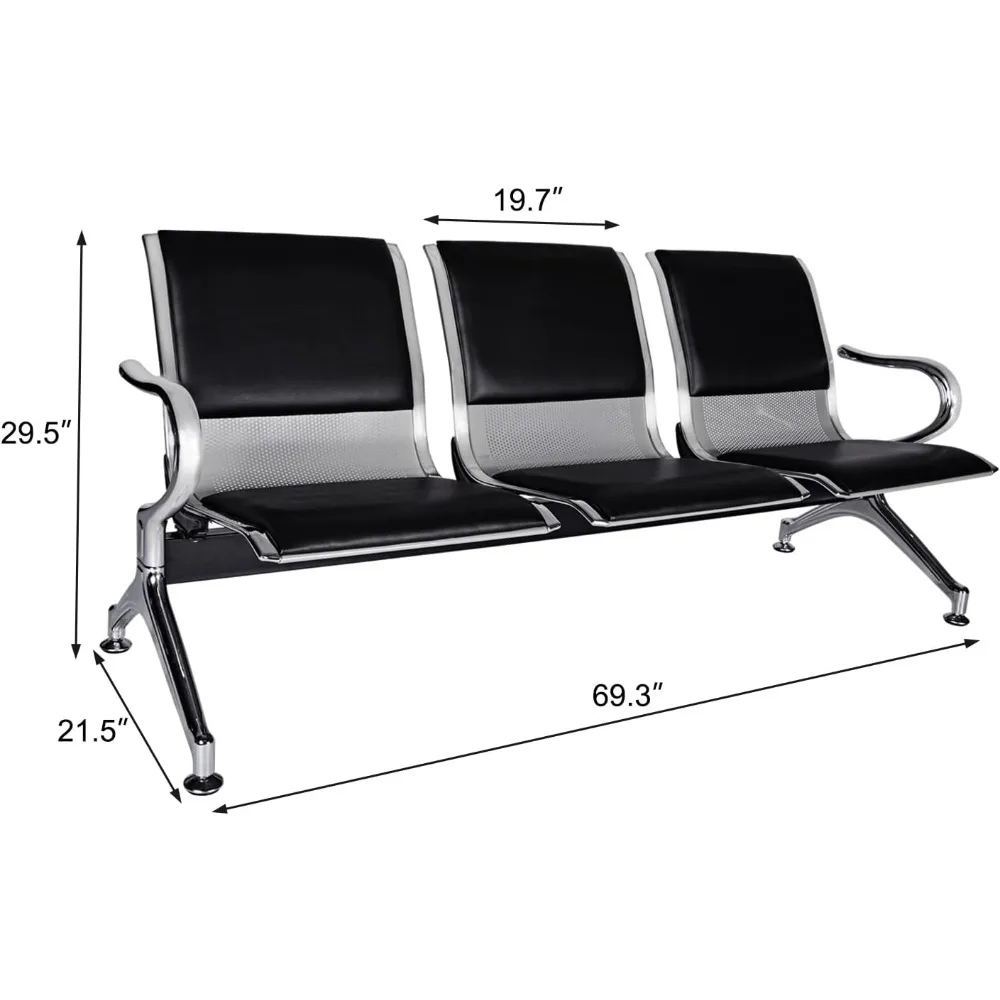 Waiting Room Bench - 3 Seat Chair, Set of 4 PU Leather Airport Guest Reception Chairs Barber Waiting Bench with Armrests