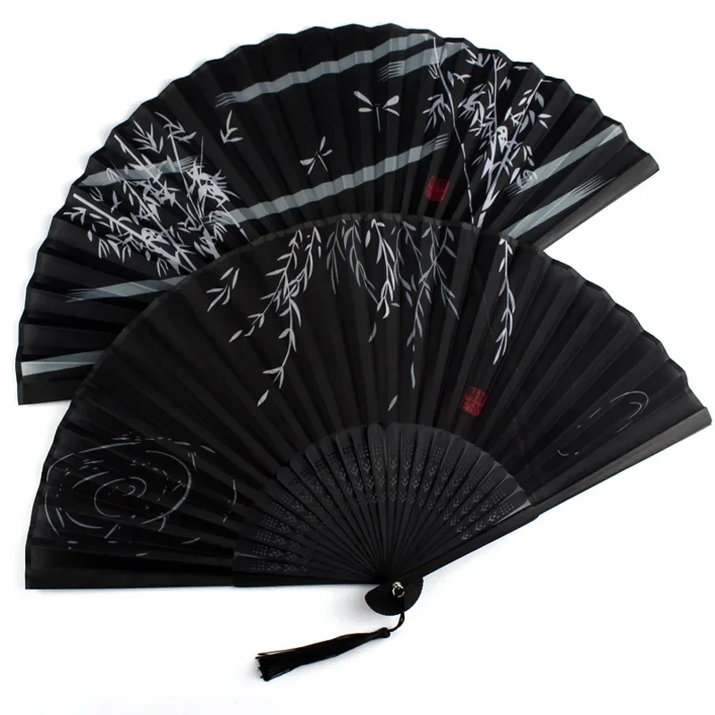 

Chinese Japanese Silk Folding Fan Wooden Shank Classical Dance Fan High Quality Tassel Elegent Female Fan Home Decoration