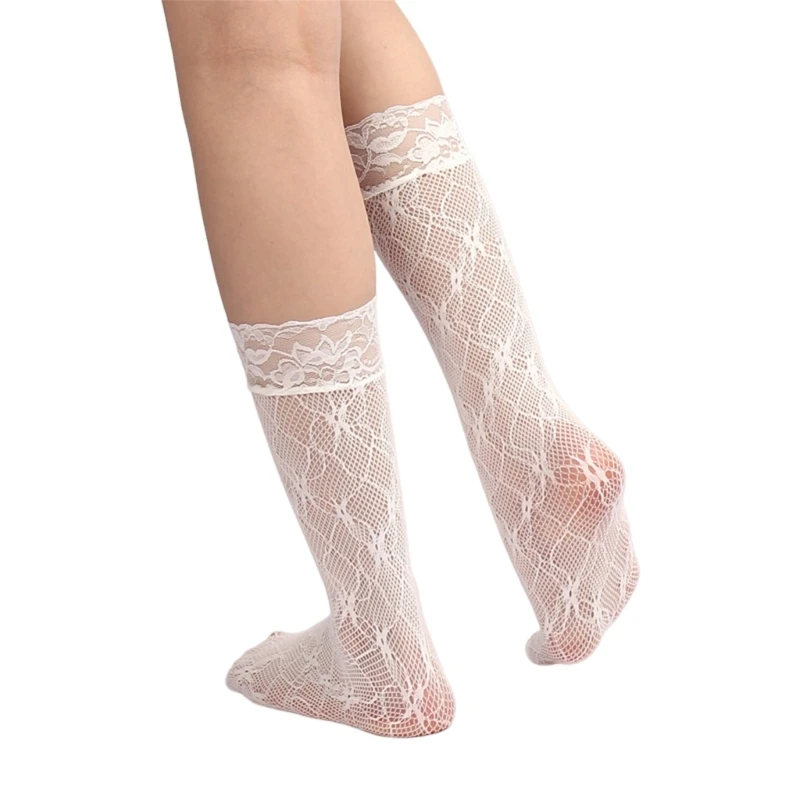 Breathable Fishnet Flower Mesh Lace Trim Calf Socks for Women Girls Elegant Hollowed Out Solid Middle Tube Socks