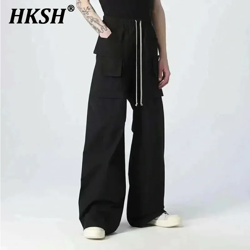 

HKSH Spring Autumn Men's Dark Tide RO Double Loop Loose Wide Leg Flared Shaped Cargo Pants Pockets Safari Style Overalls HK2298