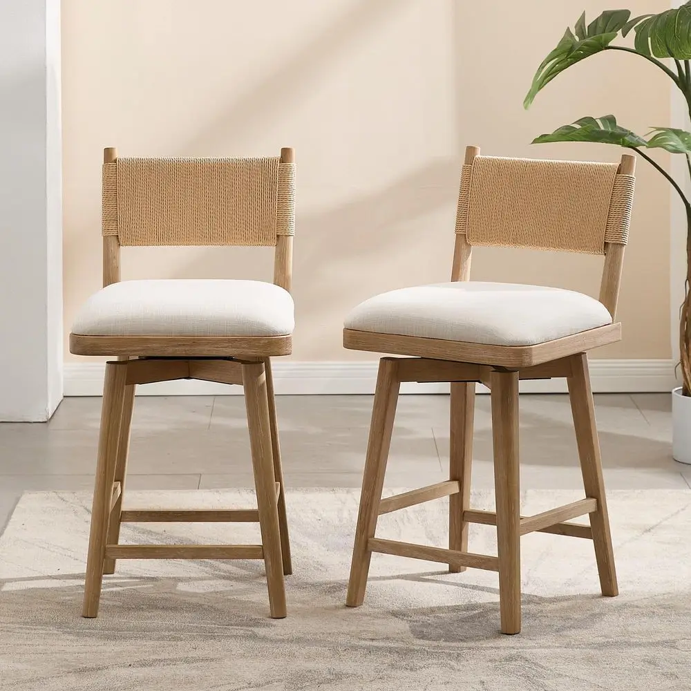 

Swivel Counter Height Bar Stools Set of 2 for Kitchen Island, Linen Fabric holstered Barstools with Rope Backrest and Solid W