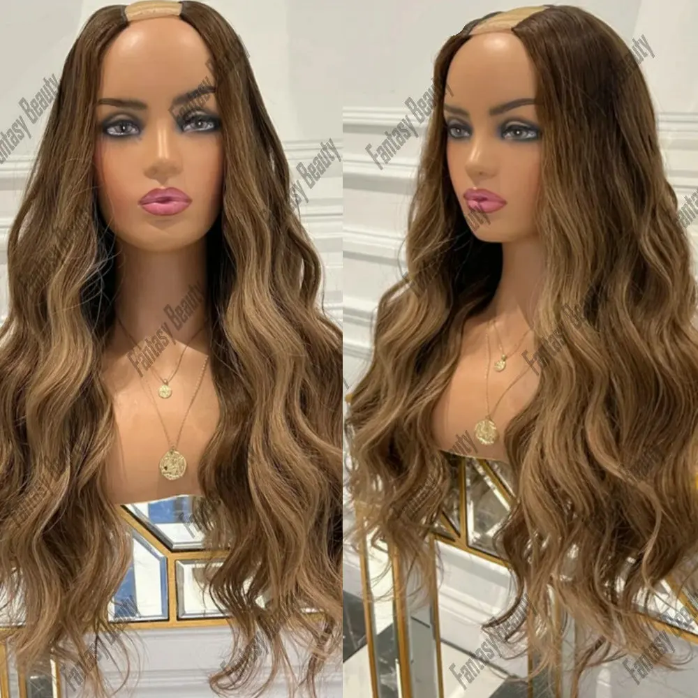 Ombre Highlights U Part Wigs 100% Human Hair Body Wavy Medium Brown Honey Blonde1*4 V Part Wig for Women Drag Queen Cosplay