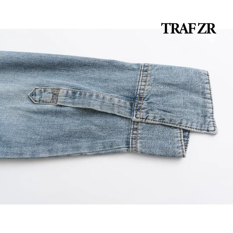 TRAF ZR Asymmetrical Denim Women\'s Blouse Fine Elegant Blusas Para Mujer Off Shoulder Y2k Vintage Top Baggy T Shirts Women