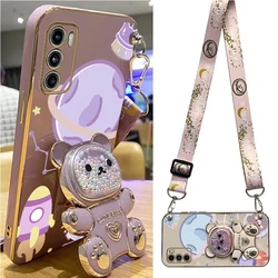 Space Bear Lanyard Holder Case For Motorola Moto G60 G22 G8 G9 Play G50 G30 G20 G53 G23 G52 G73 G32 Crossbody Strap Stand Cover