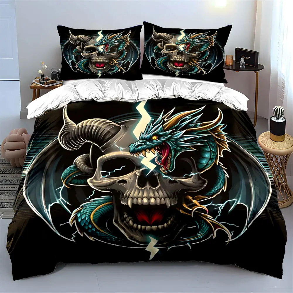 Vintage Dragon Skull Lightning Tattoo Bedding Set 3pcs, Gothic Cool Dragon Skeleton Print Duvet Cover For Teen Boys