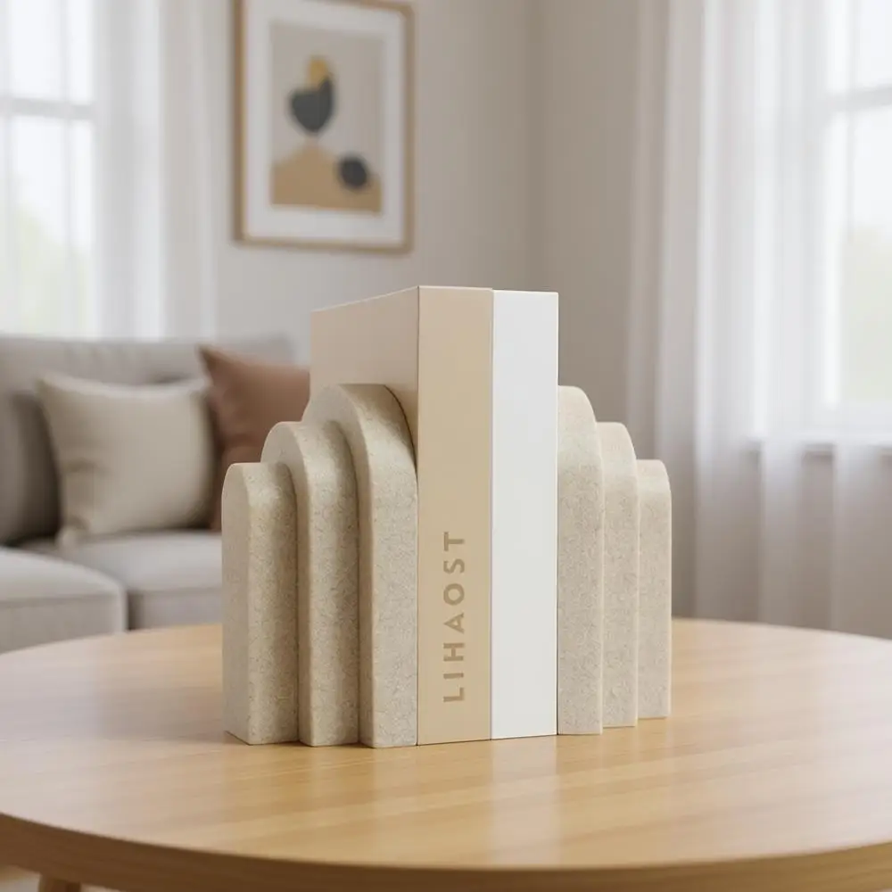 

Sturdy 6.6 lbs Sandstone Layered Arch Bookends Set of 2, Beige Decorative Book Holders