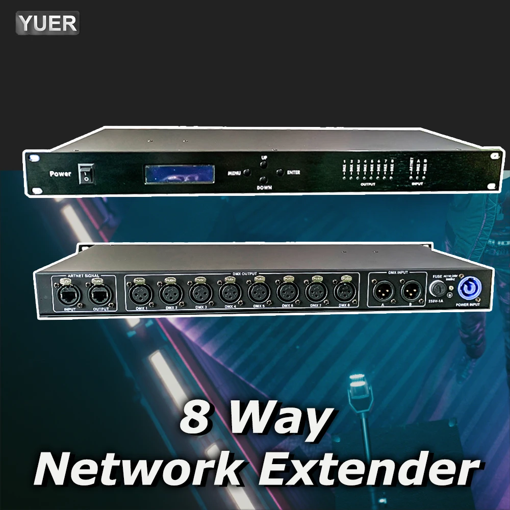 YUER Artnet DMX 8-weg netwerkextender, output 8x512, 4096 kanalen voor stage DJ lichtbesturing, Artnet naar DMX node, DJ disco stage