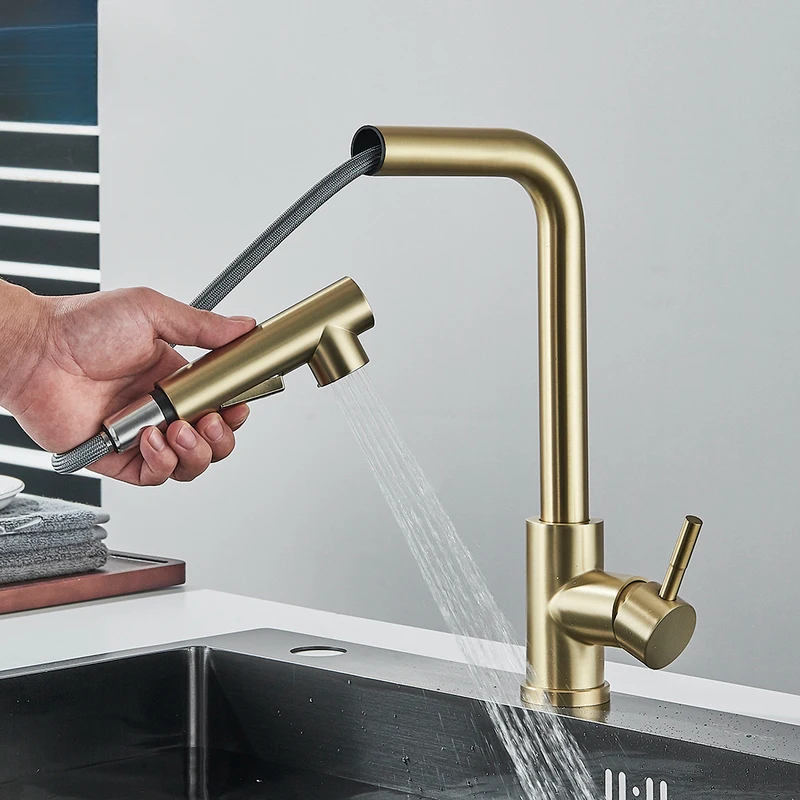 Black Pull Out Kitchen Faucet Deck Mounted Kitchen Sink Tap Single Handle Kitchen Mixers Rotating Spout Stream Spray Head