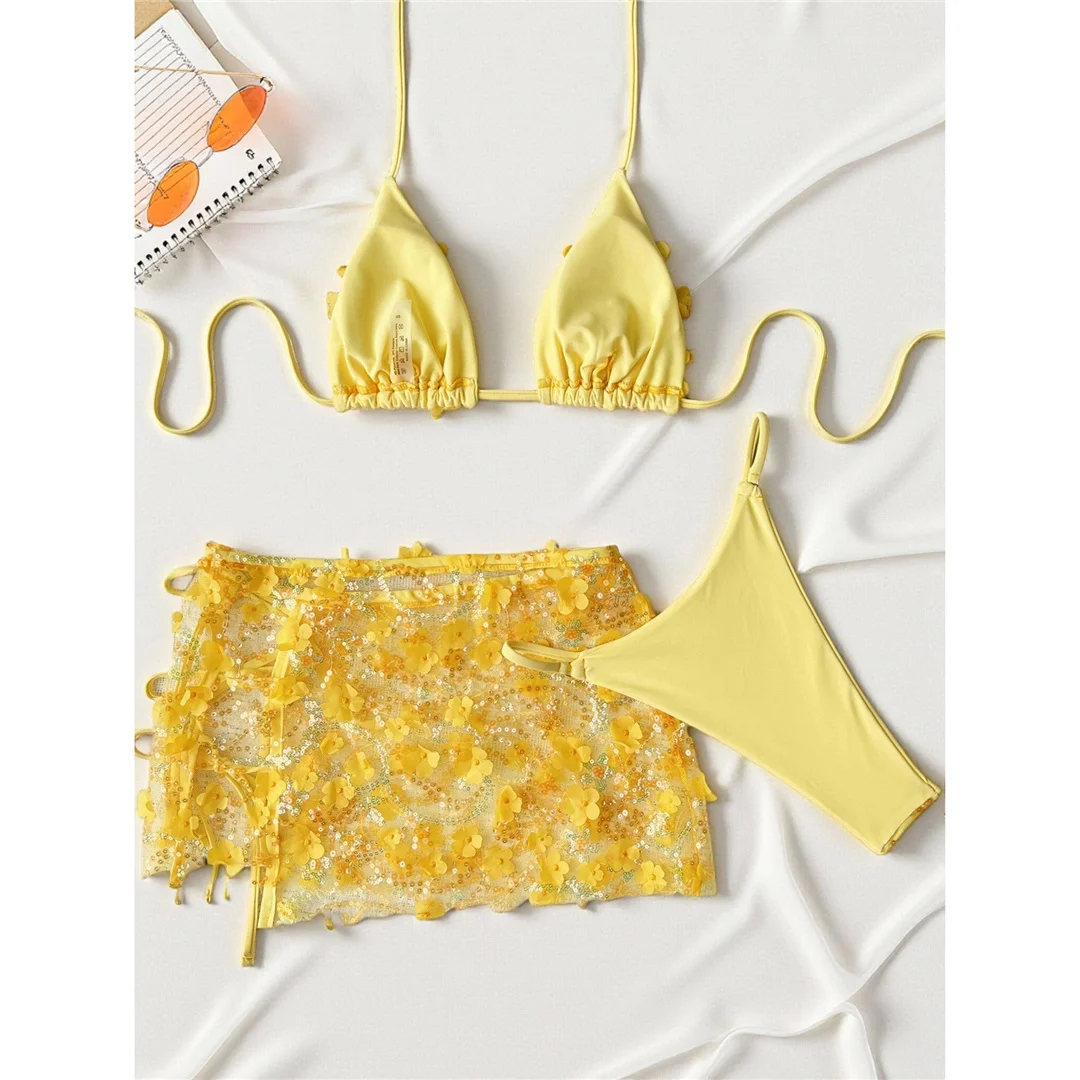 S - XL Dreiteiliges Bikini-Set mit Rock, Blumen, Pailletten, Damen-Bikini, Badeanzug, Badebekleidung, Badeanzug, Schwimmbekleidung V7864 – Detail 33