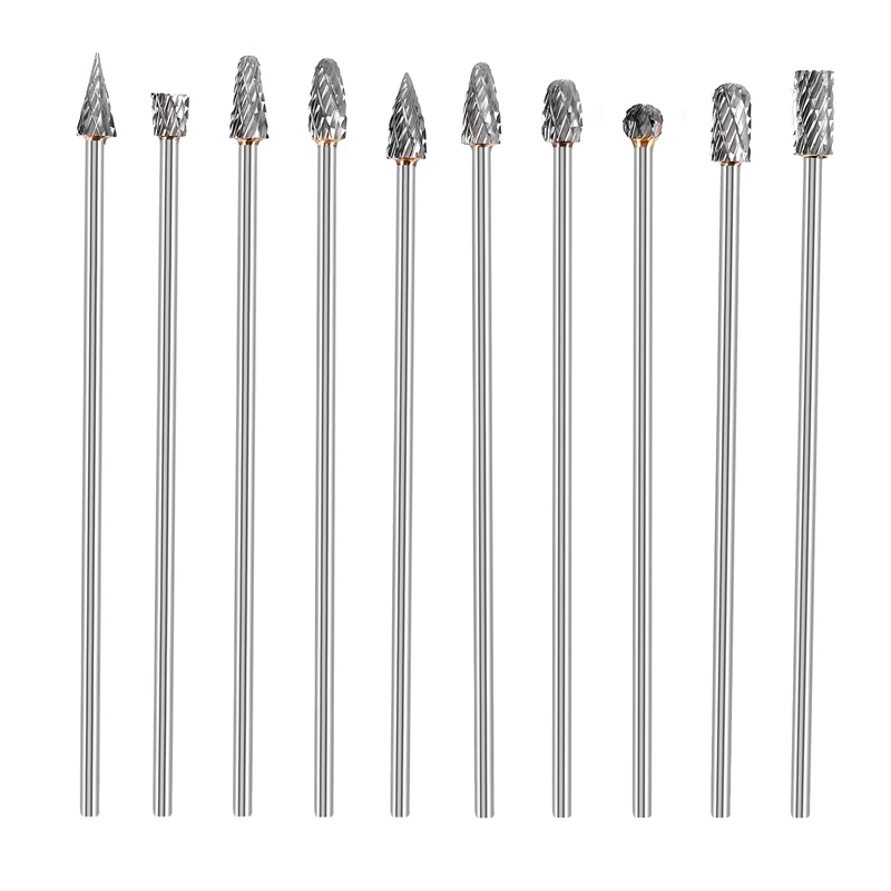 10Pc 4 Inch Long Double Cut Tungsten Solid Carbide Rotary Burrs Set 1/8 Inch(3mm) Shank Twist Drill Bit for Rotary Tools