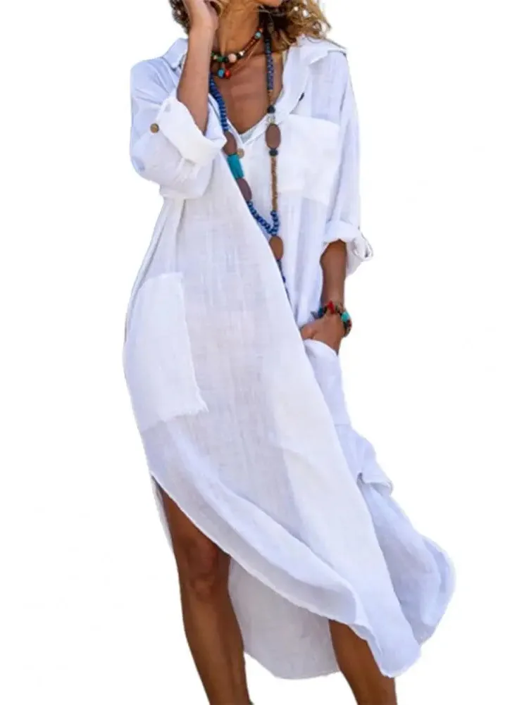 เดรสเชิ้ตผ้าลินินผสมคอตตอนสำหรับผู้หญิง เสื้อผ้าฤดูใบไม้ผลิ/ฤดูร้อน 2025 ลำลอง วินเทจ ทรงโอเวอร์ไซส์ ยาวปานกลาง รุ่น MTB8