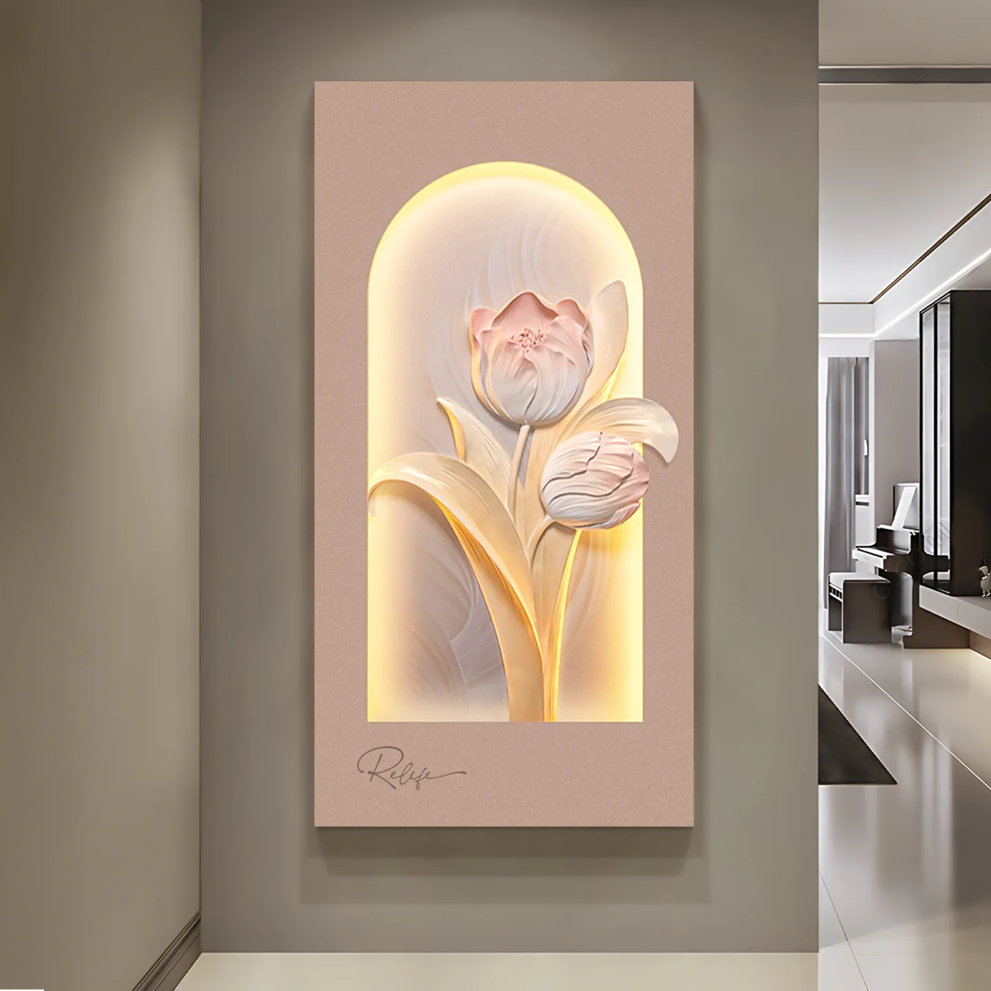 Embossed Flower Living Room Decoration Advanced Three-dimensional Sofa Background Wall Entrance Corridor Led Light Mural