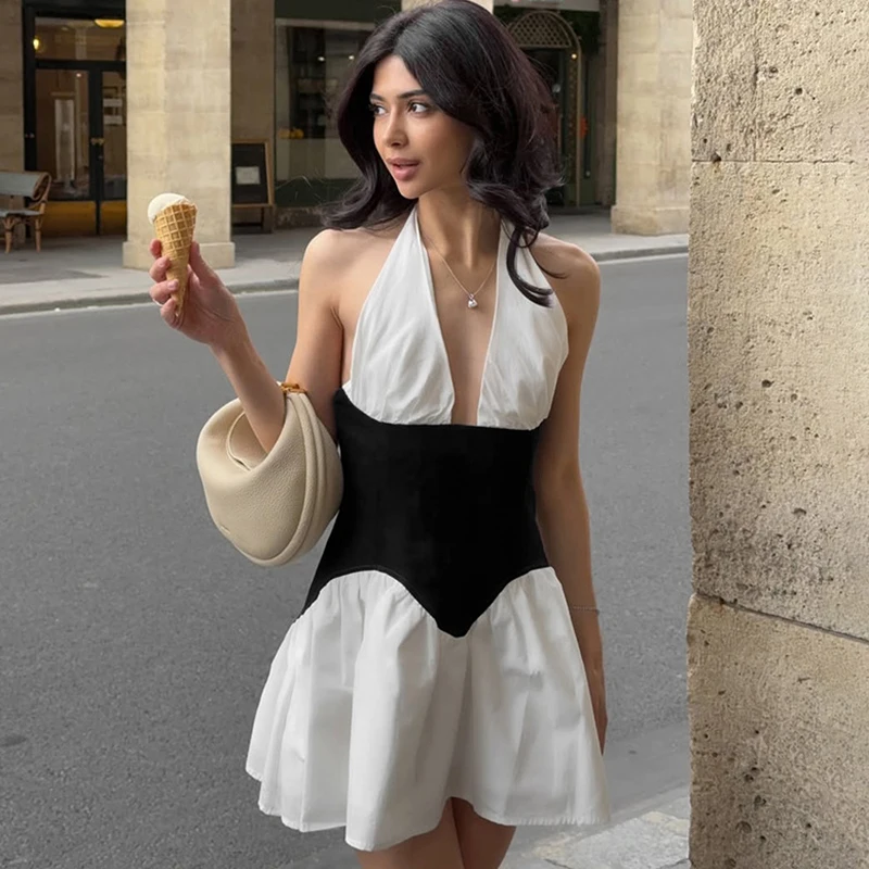 

Ticketsx Sexy Contrast Patchwork Dress Women's Deep V-Neck Halter Backless High Waist Dress Female Summer Elegant Party Dresses