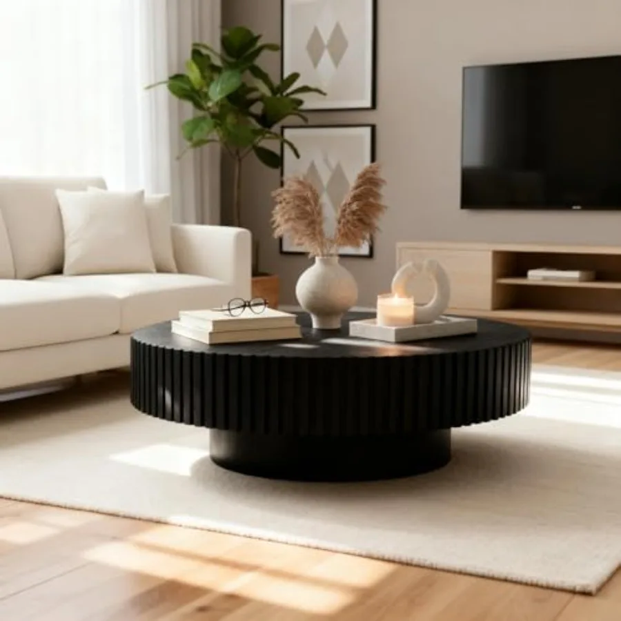 

39.4'' Round Coffee Table, Large Circle Pedestal Table, Modern Solid Wood Coffee Table, Fluted Drum Nesting Tea Table, Low Prof