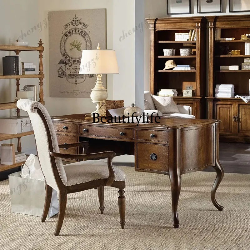 American solid wood desk and chair retro old rectangular writing table household computer table learning writing table