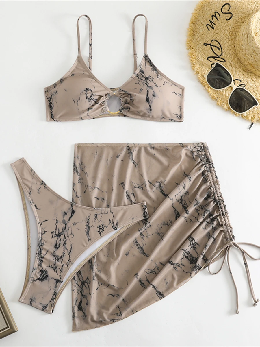 2025 حلقة ربط 3 قطعة مثلث بيكيني سلسلة تنورة ملابس السباحة النساء الإناث الاستحمام لباس سباحة بحر #4