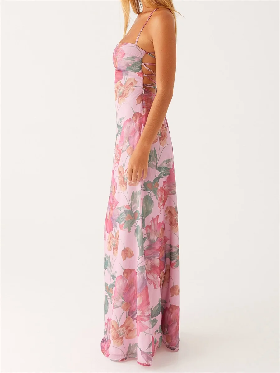 ผู้หญิงชุดยาวดอกไม้พิมพ์ชุด Cami ฤดูร้อน CROSS Tie-Up Backless แฟชั่นสปาเก็ตตี้ชุดสายคล้อง