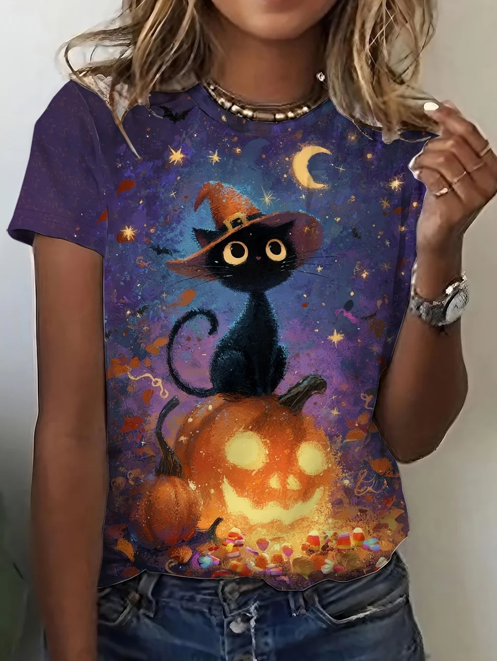 Halloween Women's T-Shirt Graphic Tees Halloween Vintage Witch Print Casual Short Sleeve O-Neck Top Fashion Daily Women Clothing