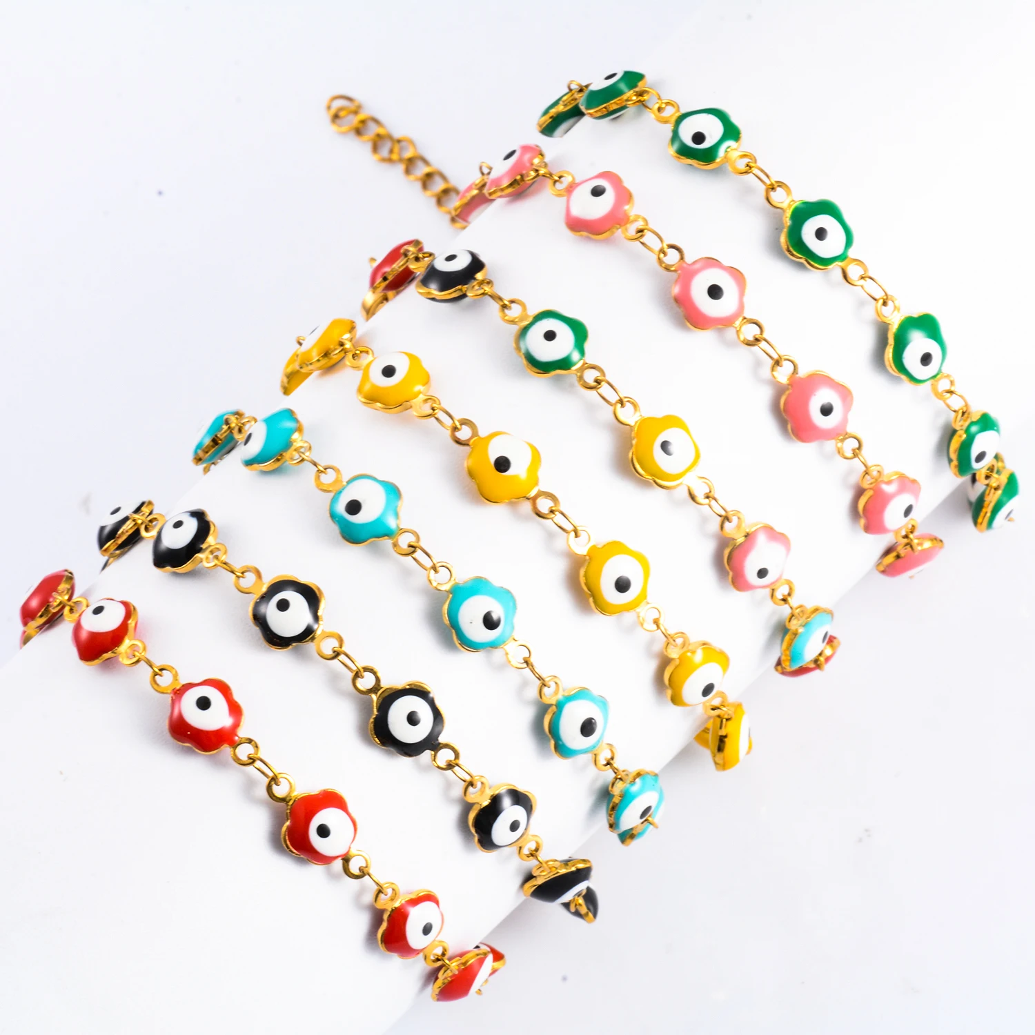 6.5mm Wide Stainless Steel Flower Shape Evil Eye Bead Bracelet  Enamel Bead Gold color Female for Women on Hand Gift Jewelry