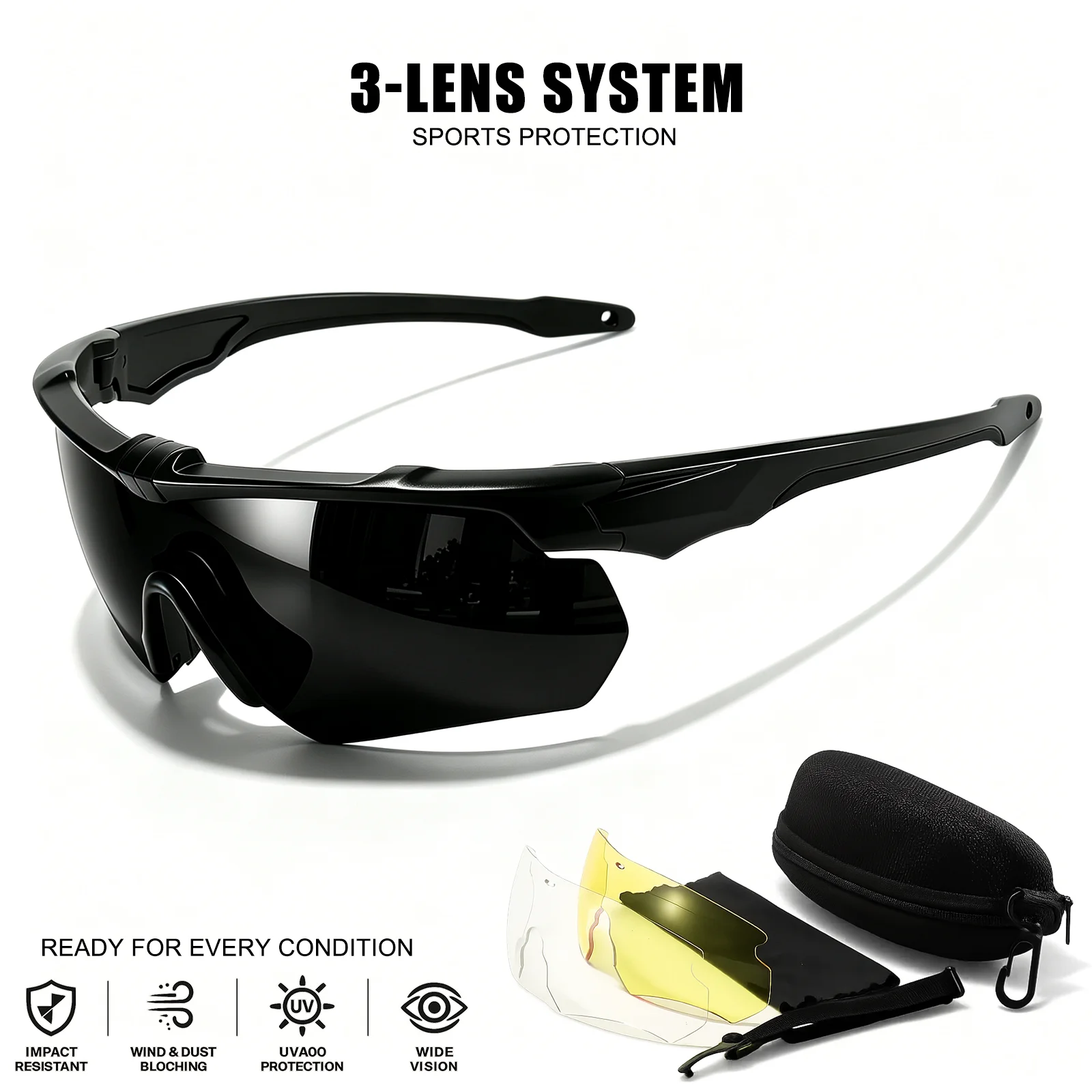 3-Linsen-Sport-Schutzbrille, UV400 Stoßfeste Winddichte Brille für Radfahren, Motorradfahren, Jagd & Outdoor-Sport – Detail 11