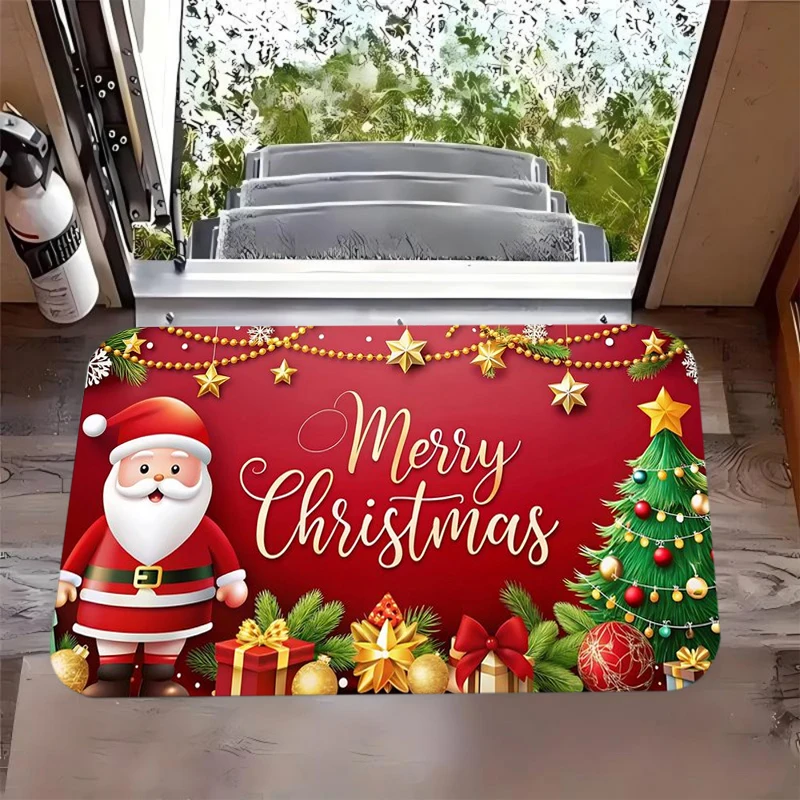 Red Glitter Merry Christmas Pine Branch Silver Ribbon Ball Door Mat Non-Slip Welcome Mat Entryway Hallway Festive Party