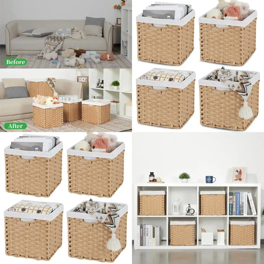 

Set of 4 Waterproof Rattan Storage Baskets with Handles, 11x11 Inches, for Organizing with Natural Imitation Water Hyacinth Line