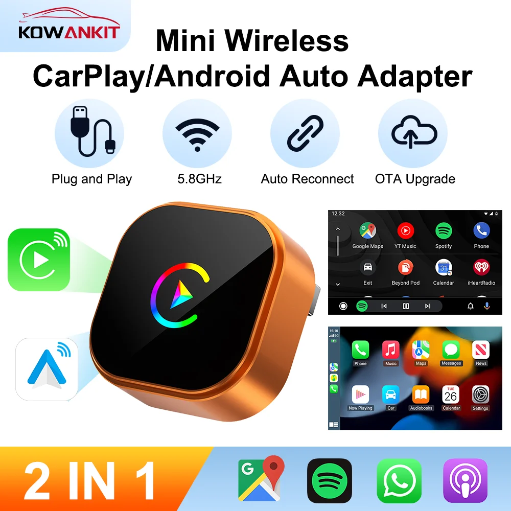 

2 in 1 Wireless CarPlay Android AutoMini Adapter Universal Plug & Play Smart Fast AI Box for Car USB Dongle KowanKit 2026 New