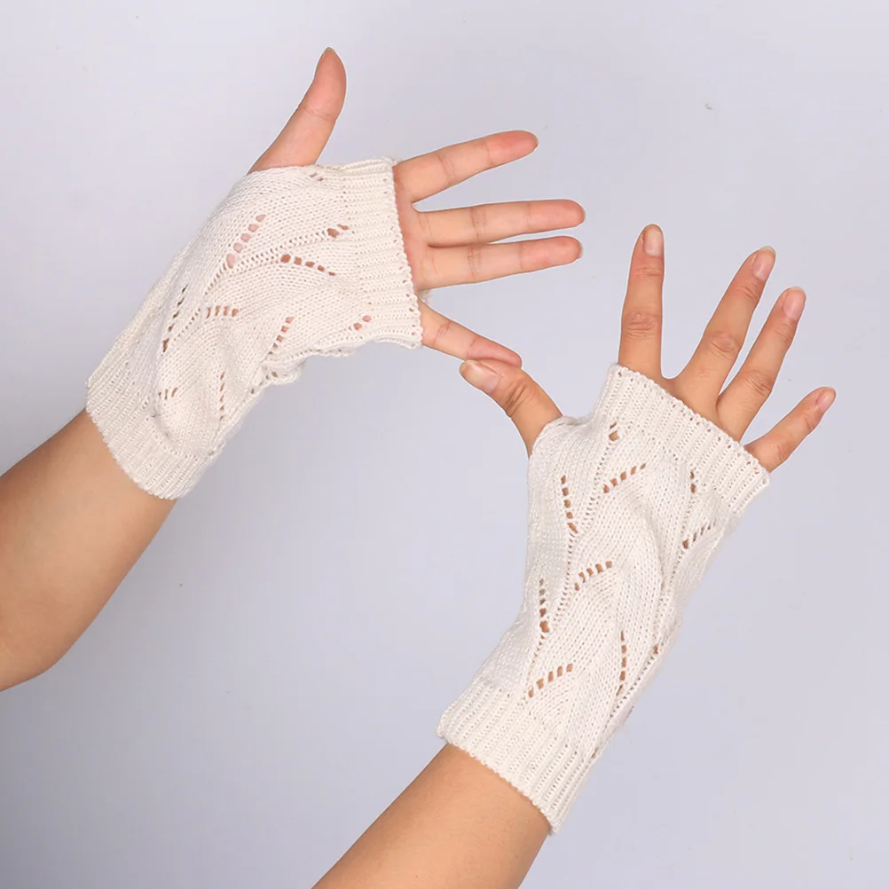 

Women's Winter Warm White Knitted Long Fingerless Gloves Arm Warmers Soft Comfortable Breathable