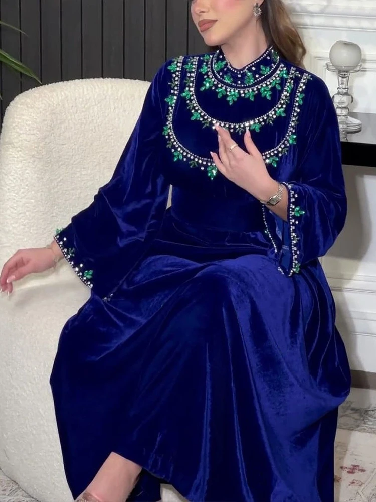 Eid Ramadan Muslim Women Dresses Velvet Diamond Abaya Party Long Dress Belt Morocco Kaftan Vestidos Dubai Turkey Robe Jalabiya