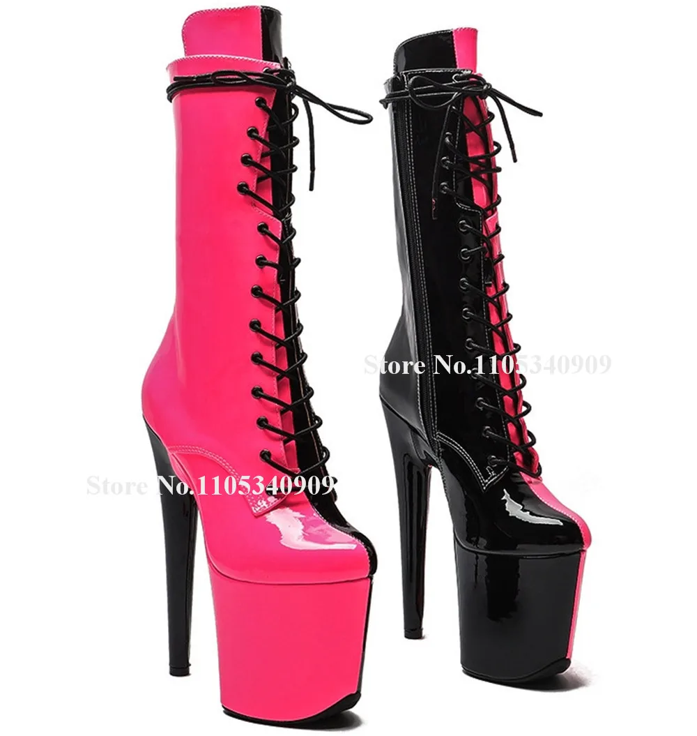 

Bondarenko Rose Pink Black Patchwork Stiletto Heel Short Boots Round Toe Lace-up Mixed-colors High Platform 20cm Dance Shoes