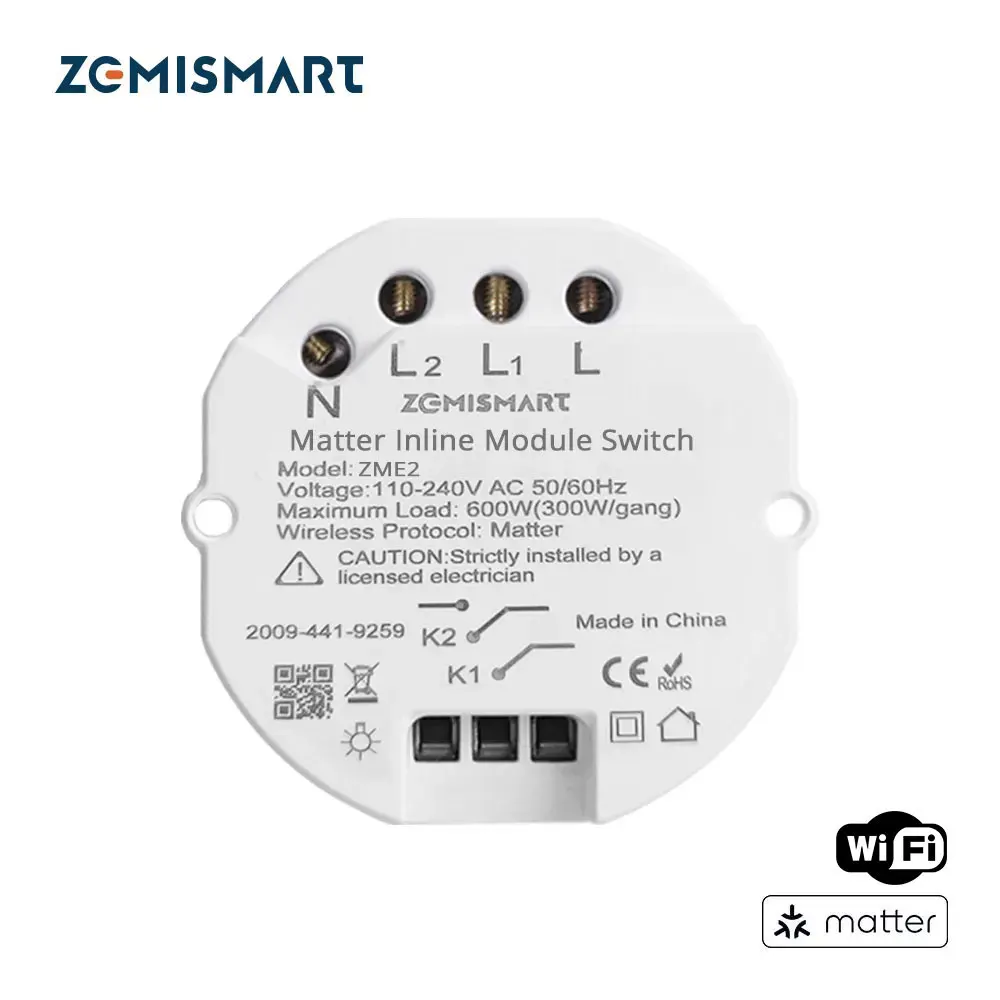 Zemismart Matter WiFi Smart Inline Module Switch 2 Gang Relay Breaker Support Homekit Google Home Smartthings App Control