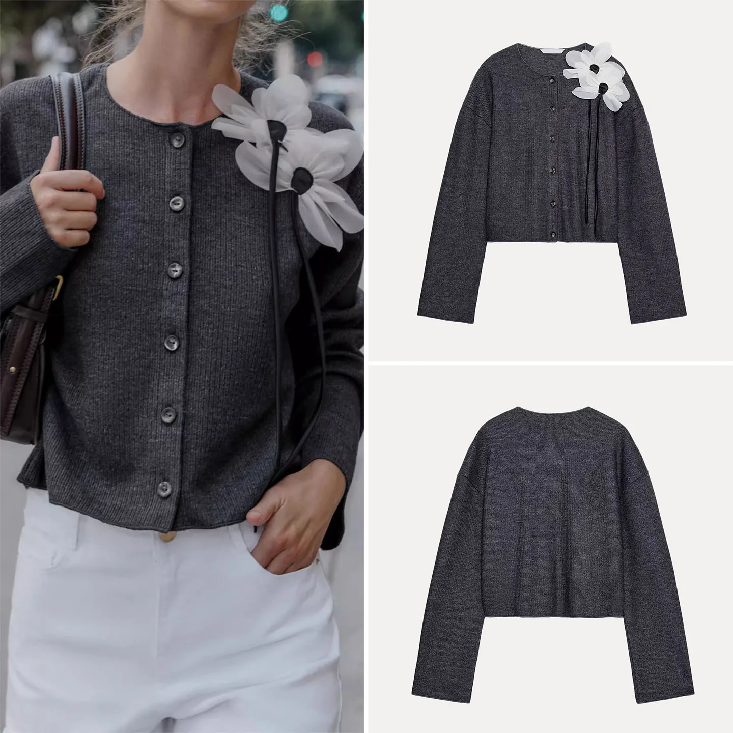 Z 2025 Nieuwe Faion Dames Losse Bloemen Teaded Jas Ele Veelzijdige Sve Lange Ronde Ne Ort Gebreid Vest