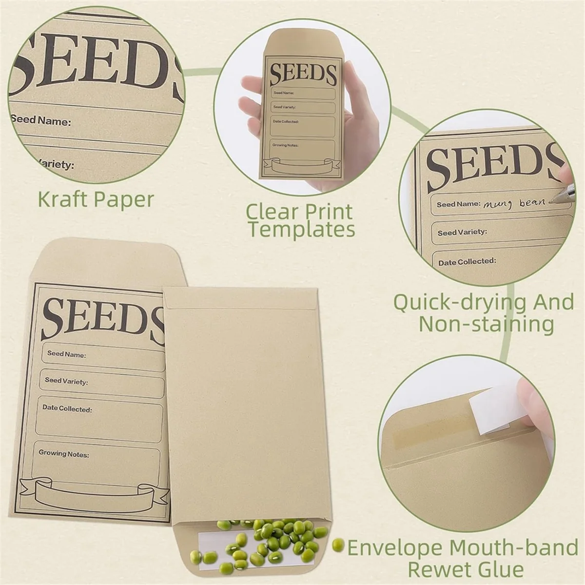 100PCS Seed Packets Envelopes: Self Sealing Kraft Small Seed Envelopes for Seed Storage Resealable Seed Saving Envelopes