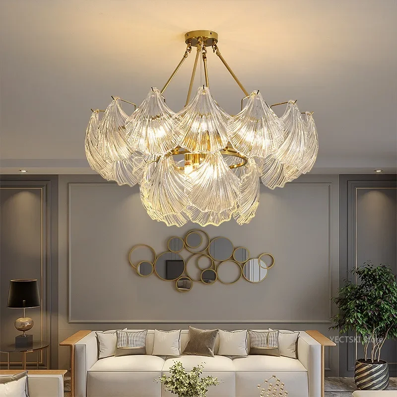 

GHJUYIOL Minimalist postmodern living room shell pendant light French light luxury crystal bedroom ceiling light