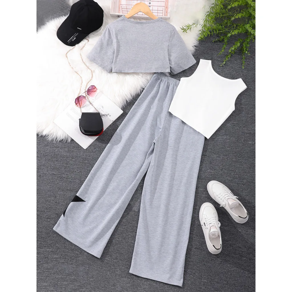 3 Pcs Set Teens Girl Clothing High Waisted T-shirt + Tank Top + Pants 13 14 15 16 Years Old Summer Casual Sport Children Outfit