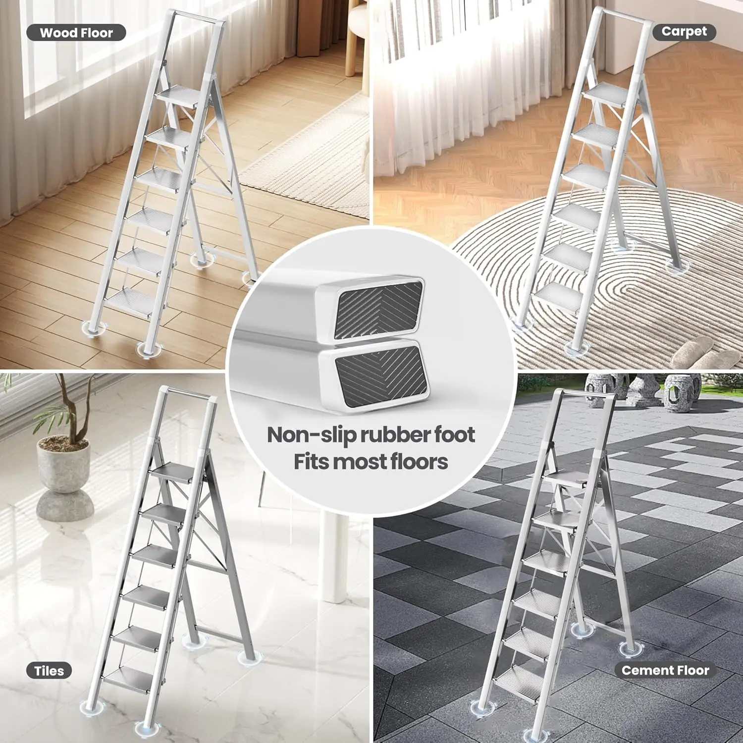 6 Step Ladder, Folding Step Stool with Handgrip and Anti-Slip Wide Pedal for Kitchen, Home, Library, Office (300 lbs Capacity)