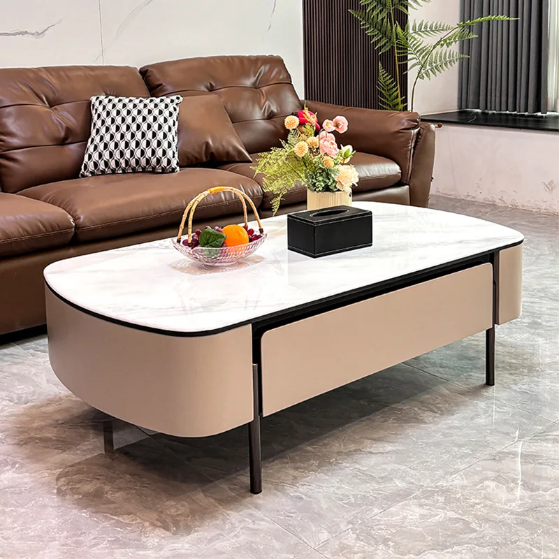 

Luxury Oval Rock Slab TV Cabinet Coffee Table Set High-End Living Room Tea Table with Storage Drawer Modern Home Center Tables