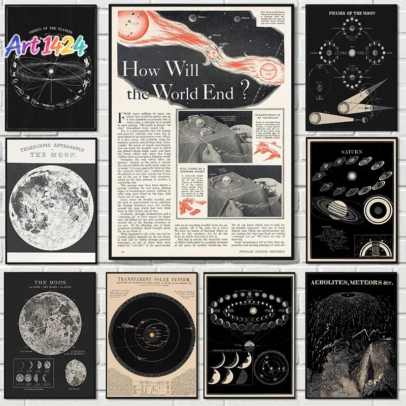 Vintage Space Astronomy Canvas Prints Painting Solar System Map Moon Phases Lunar Chart Posters Wall Art Poster Room Home Decor
