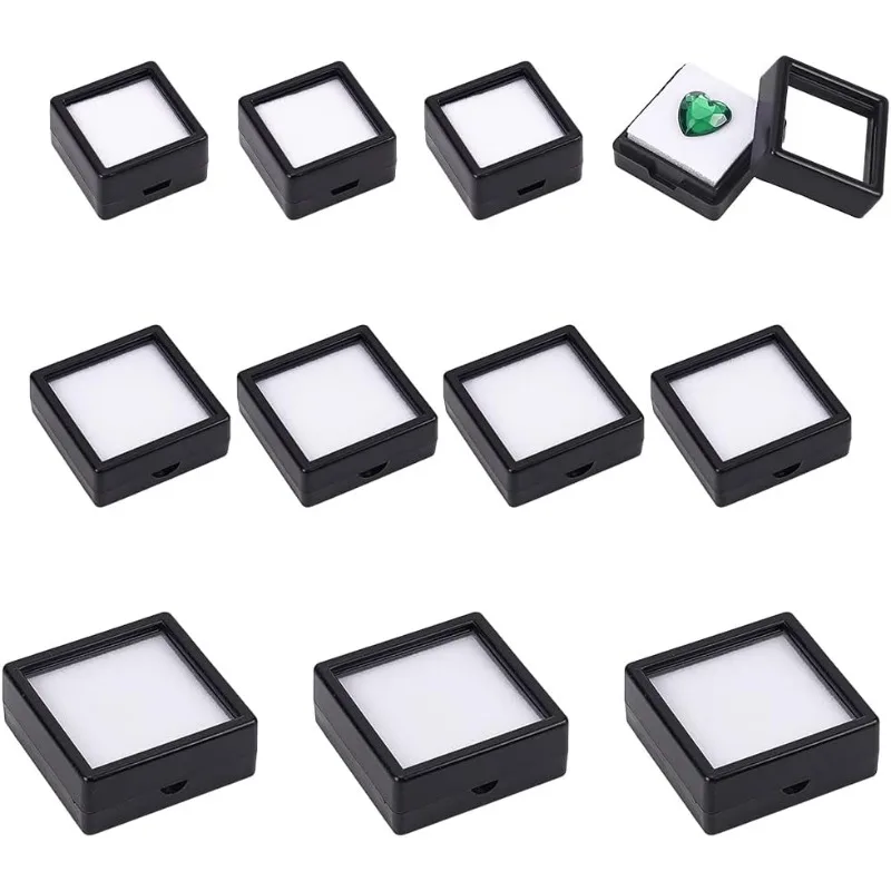 24 Pack 3 Size Black Gemstone Display Box Diamond Show Case Container with Clear Top Lids for Gems Coins Jewelry Packing