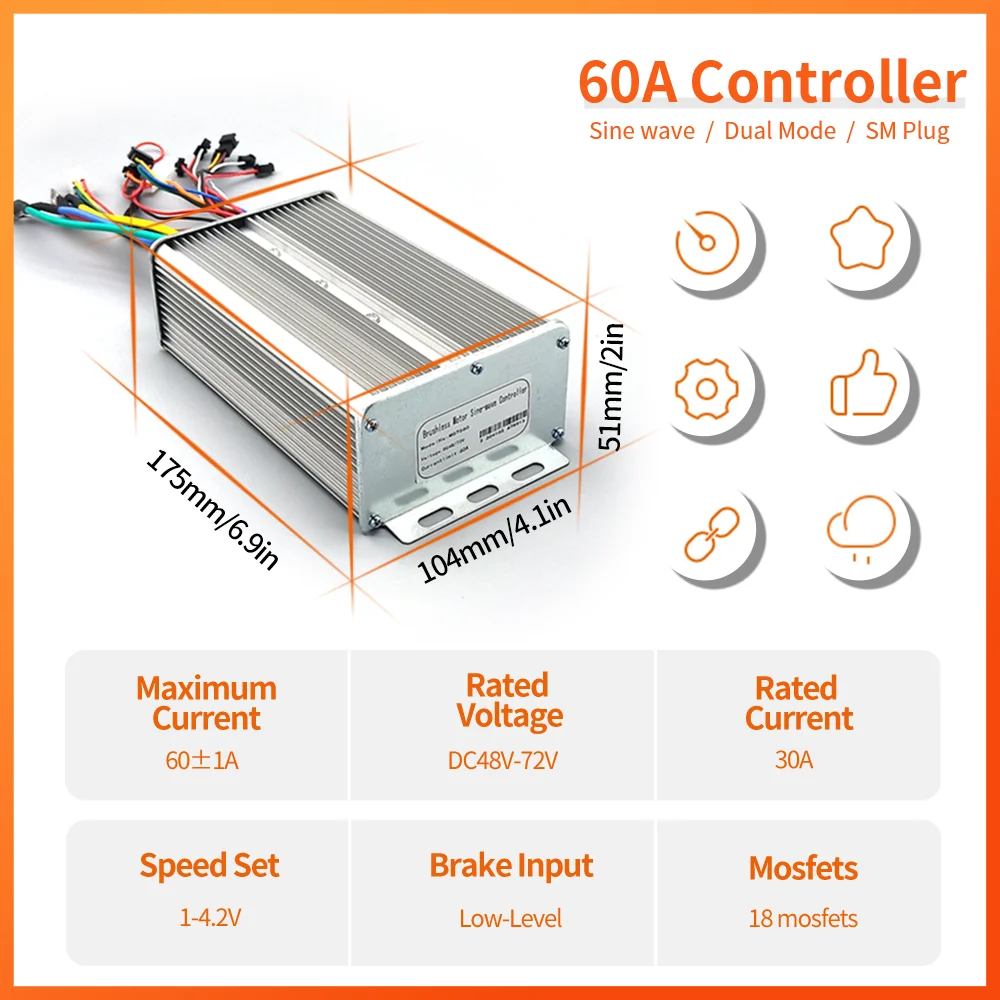 Electric Bicycle 60A Sinewave Dual Mode Controller Compatible1000W 1500W 2000W 3000W Hub Motor with LED 900S Display for Ebike