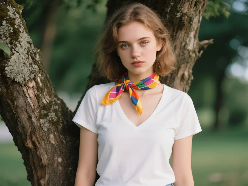 t-shirt scollo a V per donna con una sciarpa