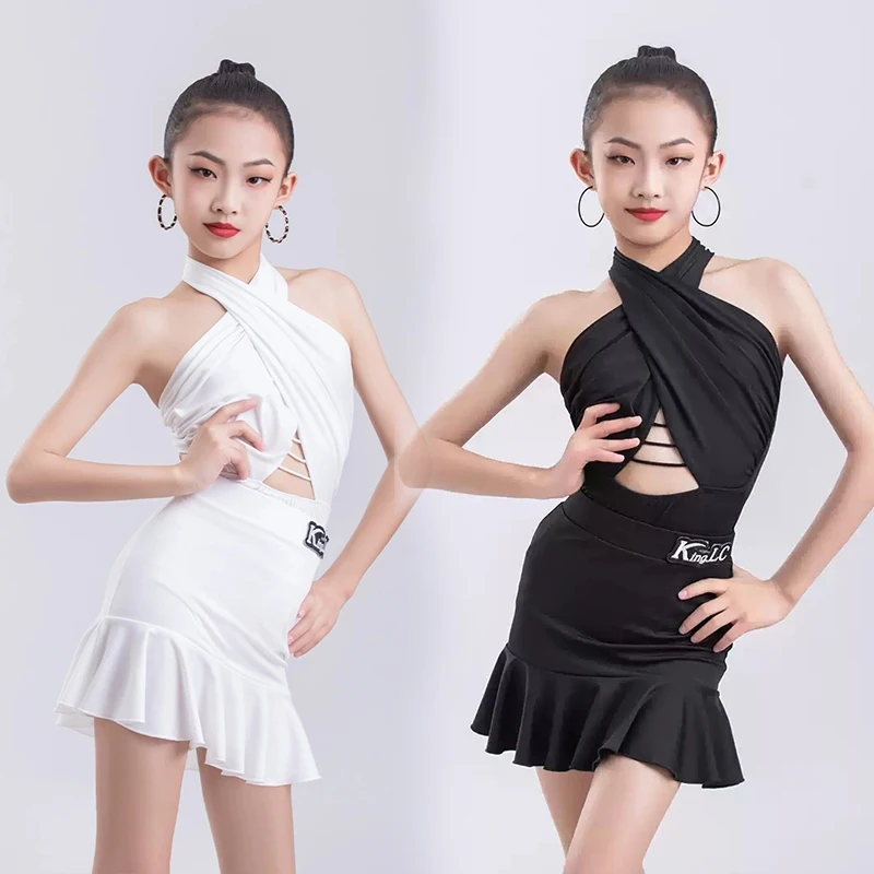 

Summer New Girls Latin Dance Costume Childrens Performance Clothes Black White Sleeveless Practice Dancing Clothing XH2741